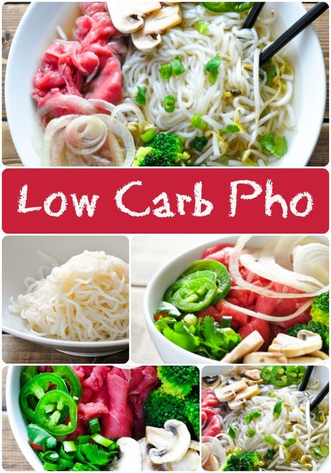 KETO Pho using Shiritaki noodles (0 Carbs)  IngredientsThe Broth (4-5 servings)5-6 beef soup bones browned and roasted - the more connective tissue, the better!1/2 Onion charred1 tablespoon Fresh Ginger sliced1 tbsp Salt3 tbsp Fish Sauce2 pods Star Anise1 gallon WaterMy Favorite Low Carb Pho Fixings (1 serving)5 packages Shirataki Noodles rinsed, 7 oz bags1.24 pound Flank Steak raw, thinly sliced1 cup Bean Sprouts5 sprigs Thai Basil1/2 Jalapeno sliced1/2 Scallion chopped Soup Recipes Low Carb, No Carb Pasta, Vietnamese Beef, Batch Recipes, Shirataki Noodles, Beef Noodle Soup, Winter Dishes, Recipes Low Carb, Low Carb Soup