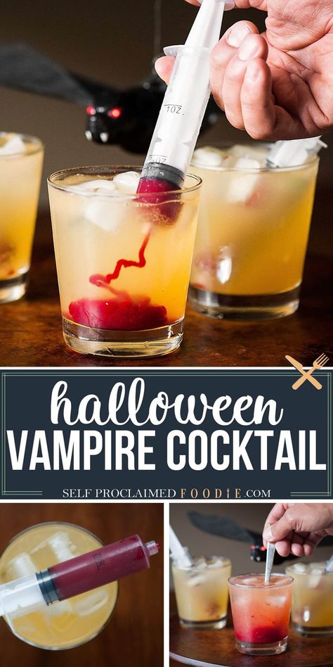 Vampire Cocktail is the perfect spooky Halloween drink. Syringes filled with sweetened raspberry puree look gory, but taste amazing! The cocktail is a combination of vodka, Amaratto, orange juice, and club soda. #halloween #cocktail #drink #blood #vampire #raspberry #vodka #party #fun #recipe Drinks With Syringes, Blood Bag Drink Recipe, Halloween Syringe Drinks, Halloween Drinks Alcohol Syringe, Vampire Mock Tails, Halloween Cocktail With Syringe, Vampire Inspired Cocktails, Halloween Drinks In Syringes, Halloween Cocktails With Syringes