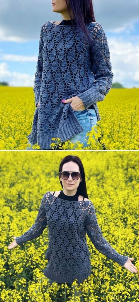 Beautiful Feminine Crochet Sweaters - Pattern Center Crochet Long Sleeve Shirt Free Pattern, Super Fine Crochet Pattern, Crochet Sweater Pattern Free Oversized, Crocheted Sweaters Free Pattern, Crochet Womens Tops, Free Crochet Sweater Pattern, Free Crochet Patterns For Women, Crochet Jersey, Crochet Jackets