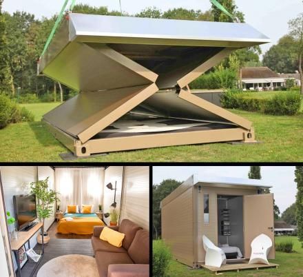 These Flexotels Are Foldable Tiny Homes That Are Perfect For Music Festivals Moveable Architecture, Foldable House, Mobile Architecture, Tiny Mobile House, Compact Furniture, Tiny House Talk, Shelter Design, Shipping Container House Plans, Small House Interior Design