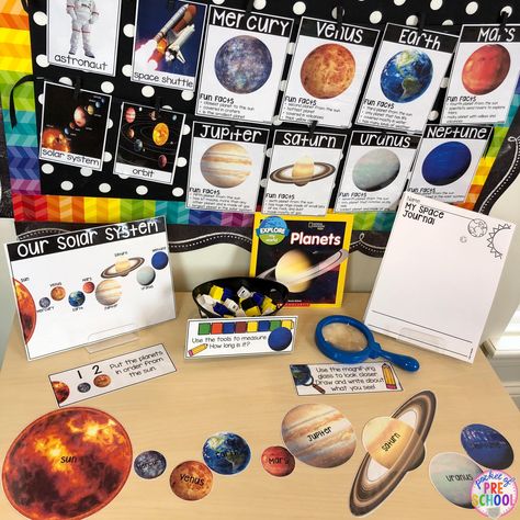 Explore space at the science table!... - Pocket of Preschool | Facebook Space Provocations, Science Area Preschool, Planets Preschool, Investigation Station, Science Table, Moon Science, Pocket Of Preschool, Space Week, Science Area