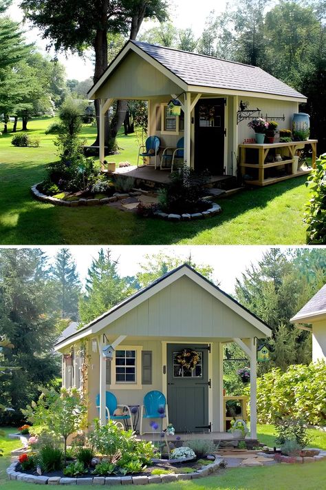 Cottage Garden Sheds, Garden Shed Interiors, Diy Sheds, Shed Landscaping, Shed Makeover, She Shed Ideas, Shed Decor, Backyard Cottage, Greenhouse Shed