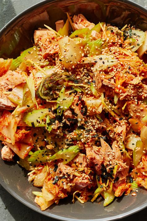 Kimchi Tuna, Kimchi Chicken, Nyt Recipes, Tomato Bake, Kimchi Jjigae, Crunchy Vegetables, Orzo Recipe, Coconut Fish, Tuna Salad Recipe