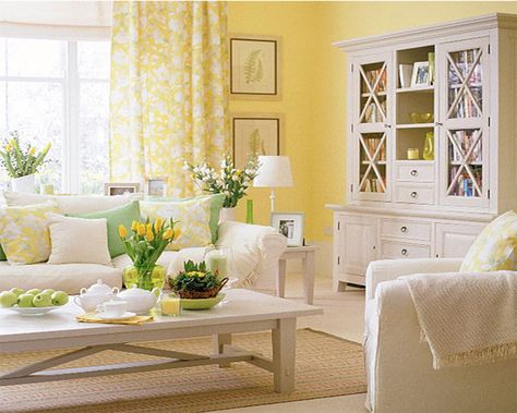 Found on Bing from dgmagnets.com Living Room With Yellow Walls, Room With Yellow Walls, Spring Living Room, Yellow Curtains, Shabby Chic Living, Yellow Room, Yellow Living Room, Shabby Chic Living Room, Chic Living Room