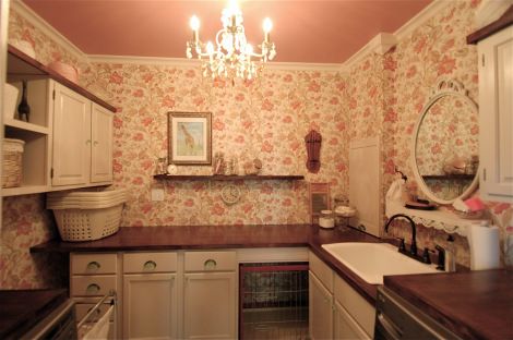 Cherry and pink Victorian Laundry Room, Victorian Laundry, Old Victorian Homes Interior, Blue Laundry Room, Blue Grey Wallpaper, Room Wallpaper Designs, House Laundry Room, Custom Laundry Room, Blue Laundry Rooms