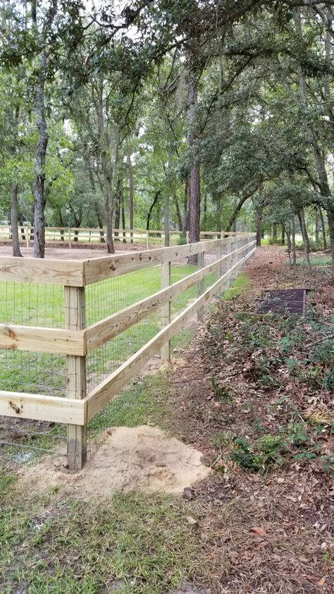 2x6 three rail fence with wire mesh behind. Cheapest Fence Ideas, Farm Backyard, Ranch Fence, Landscaping Entrance, Fences Ideas, Pasture Fencing, Wood Fences, Country Fences, Horse Fencing