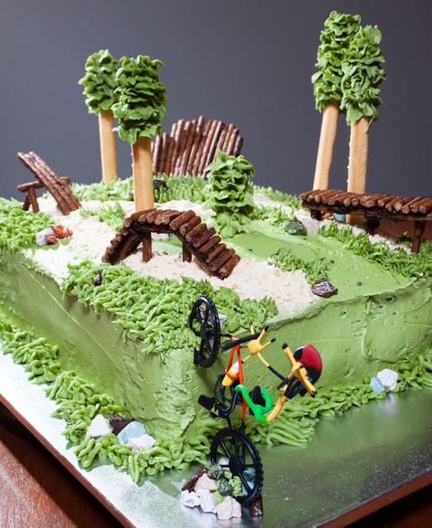 “The Playground” MTB Cake | Fiona Poole Mountain Birthday Party, Mountain Bike Cake, Cycling Cake, Bicycle Party, Bicycle Cake, Bike Cake, Bike Party, Mint Desserts, Cake Competition