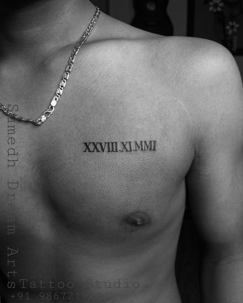 Roman Numeral Tattoo ❤️ . Call For Appointment☎️ 9867219201 Check out more creative tattoos by Sumedh (@sumedh_dream_arts) . @sumedh_dream_arts @instagram . Please call or DM us on 9867219201 to book an appointment with us.. . #minitattoo #whitetattoo #tattooartist #coupletattoo #lettertattoo #letteringtattoo Chest Tattoo Men Ideas Roman Numerals, Quote Tattoo Placement Men, 1966 Roman Numeral Tattoo, Roman Numerals Men’s Tattoo, Men’s Forearm Tattoos Roman Numerals, Roman Numeral Tattoo Wedding Date, Cross And Roman Numeral Tattoo, Men’s Roman Numeral Tattoo, Men Tattoo Chest Ideas