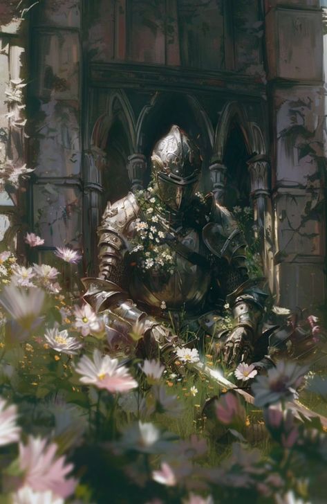 Forest Knight Fantasy Art, Knight In Flowers, Green Knight Aesthetic, Knightcore Aesthetic, Warrior In A Garden, Flower Knight, ماثيو ماكونهي, Good Knight, Green Knight