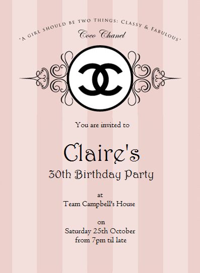 Chanel invitation for 30th party Chanel Invitation Card, Coco Chanel Party Theme, Coco Chanel Invitations, Chanel Invitation, Chanel Cakes, Chanel Background, Chanel Bridal, Coco Chanel Party, 40th Party Ideas