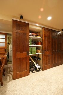 Basement Storage Doors- hide mini kitchen behind 1 door, storage behind other 2? Storage Closet Ideas, Basement Storage Closet, Basement Storage Cabinets, Basement Closet, Basement Laundry Room, Game Room Basement, Basement Storage, Basement House, Small Basements