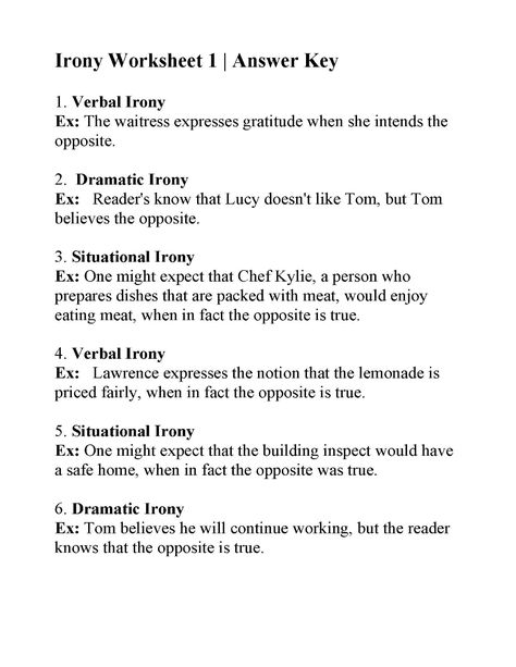 Irony Worksheet 1 | Answers Irony Examples, Situational Irony, Poetry Worksheets, Figurative Language Worksheet, Literary Terms, Literary Elements, Educational Worksheets, Reading Worksheets, Worksheet Template