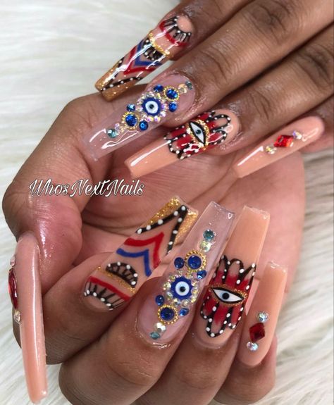 Colorful evil eye nails Rainbow Evil Eye Nails, Orange Evil Eye Nails, 3rd Eye Nails, Green Evil Eye Nails, Red Evil Eye Nails, Third Eye Nails, Turkish Nails, Pink Evil Eye Nails, Turkish Eye Nails