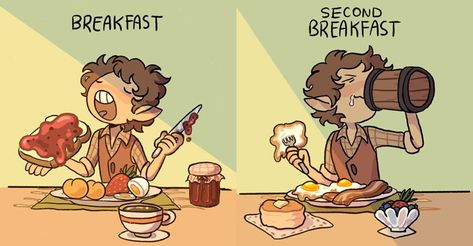 The Seven Daily Hobbit Meals - Fan Art Lord Of The Rings Marathon, Hobbit Meals, Hobbit Food, First Marathon, Second Breakfast, Girl Cooking, Fun Illustration, Geek Girls, Nerd Alert