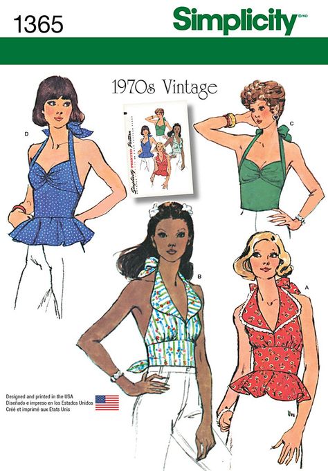 Simplicity 1365 Misses' Vintage Halter Tops sewing pattern Halter Top Sewing Pattern, 70s Halter Top, Boho Halter Top, Vintage Halter Top, Summer Halter Tops, Halter Top Pattern, 1970s Sewing Patterns, Patron Vintage, Womens Halter Tops