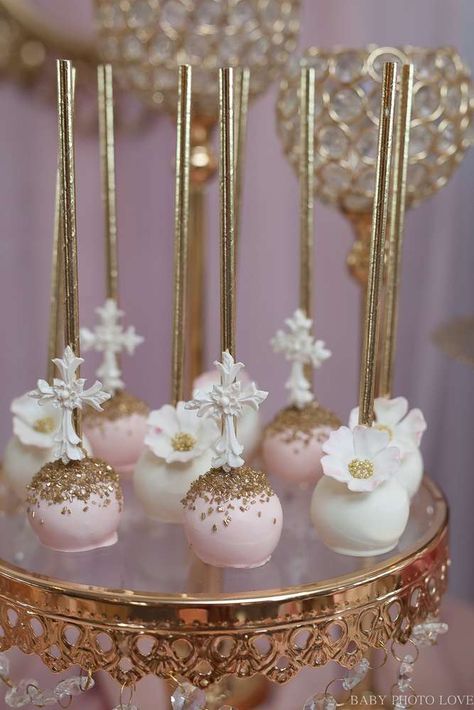 Arianas Royal Baptism | CatchMyParty.com Baptism Cake Pops, Baptism Desserts, Girl Baptism Party, Baptism Decorations Girl, Baptism Party Decorations, Baptism Party Ideas, First Communion Cakes, First Communion Cake, First Communion Decorations