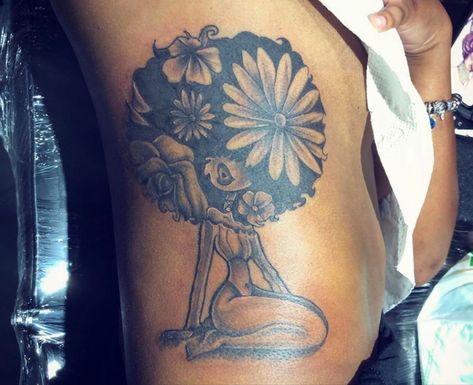 Forest Back Tattoo Women, Natural Hair Tattoo, Afro Fairy Tattoo, Black Fairy Tattoo, Afro Tattoo, Nefertiti Tattoo, Bow Tattoos, Cute Thigh Tattoos, Cute Simple Tattoos