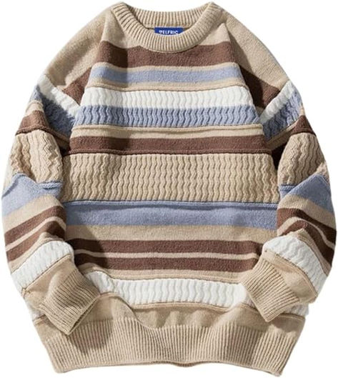 Aelfric Eden Vintage Striped Sweater Oversized Knitted Sweaters Men Crewneck Sweaters Fall Winter Pullover Tops Dark Academia Outfits, Academia Outfits, Women Sweaters Winter, Sweater For Men, Sweater Oversize, Y2k Aesthetic Outfits, Round Neck Sweaters, Loose Style, Patchwork Designs