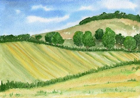 Watercolor landscape with hills, forest and field in green tones stock illustration Landscape Art Easy, Watercolor Hills, Watercolor Bujo, Paintings Nature, Easy Landscape, Pond Painting, Circular Art, Valley Landscape, Watercolor Paintings Nature