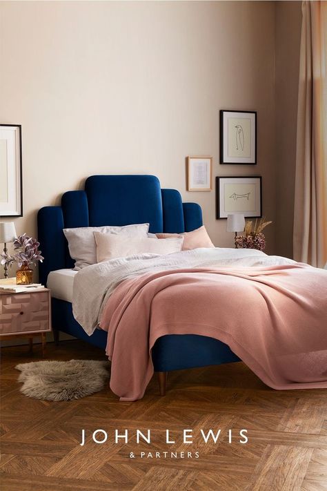 Teal Bedframe Ideas, Bedroom Interior Beds & Frames, Colour Full Bedroom Ideas, Bedroom Ideas With Blue Bed, Bedroom Decor With Blue Bed, Blue Bed Frame Bedroom Decor, John Lewis Bedroom, Bedroom Ideas Blue Bed, Velvet Blue Bedroom Ideas