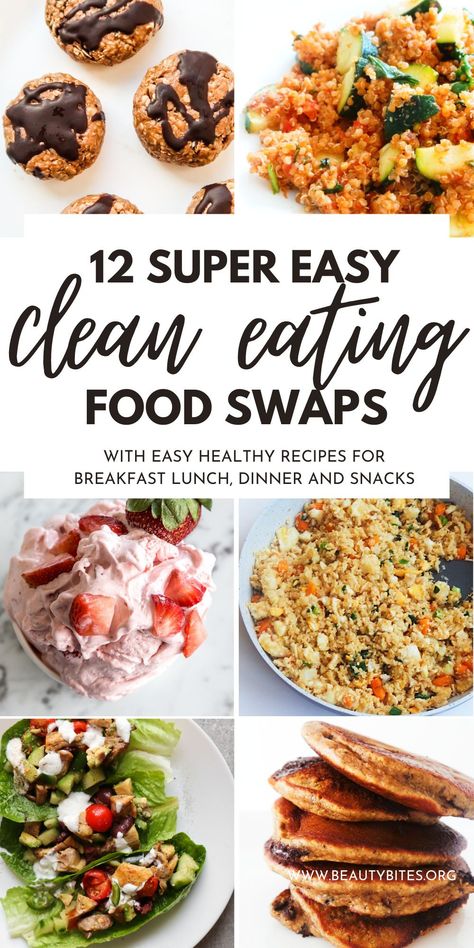 Start a healthier lifestyle with these easy clean eating food swaps including healthy recipes for breakfast, lunch, dinner and snack ideas. These simple diet changes will help you stay on track, so you can lose weight and feel great. Healthy Swaps Food, Food Swaps Healthy, Beauty Bites, 10 Healthy Foods, Healthy Food Swaps, Food Swaps, Healthy Swaps, Clean Eating For Beginners, Budget Recipes