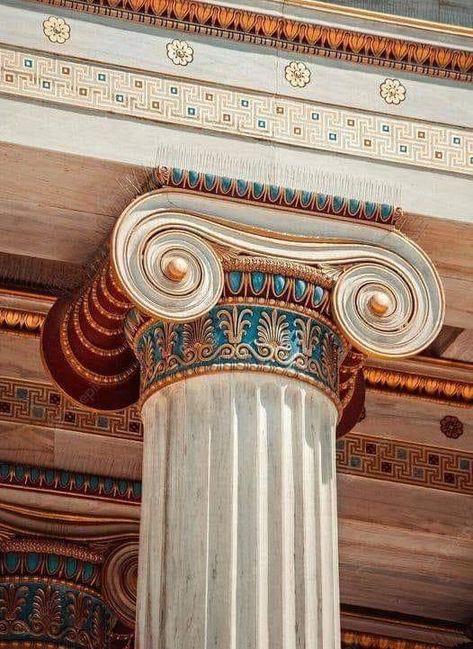 A Greek column from the Parthenon in its original colors. Ancient Greece Aesthetic, Greece Architecture, Ancient Roman Art, Greek Columns, Hellenistic Period, Empire Romain, Rome Antique, Ancient Greek Architecture, Roman Architecture