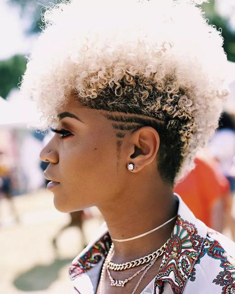 40 Curly Mohawk Looks to Try Short Natural Haircuts, Curly Mohawk, Short Hair Designs, Short Natural Hair, Shaved Side Hairstyles, Shaved Hair Designs, Tapered Natural Hair, Natural Hair Cuts, Tapered Hair