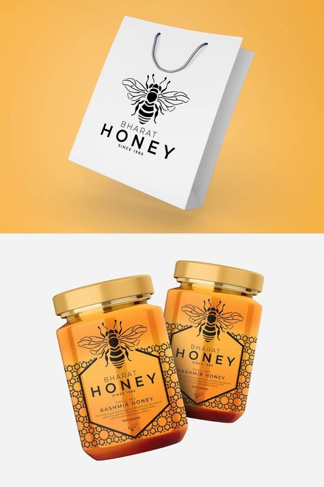 One of the best honey Packaging/Label design with gold and premium look. The Black and Gold color makes it attractive and beautiful. #honeypackaging #honeylabel #honey Honey Branding Design, Honey Packaging Ideas, Honey Label Design Ideas, Honey Branding, Label Design Ideas, Honey Label Design, Honey Jar Labels, Honey Store, Sweet Box Design