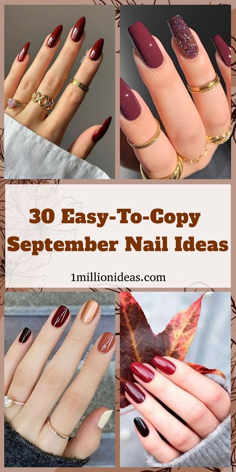 30 Easy-To-Copy September nail designs featuring deep reds and glitter accents. Fall Nails Step By Step, November Shellac Nails, Simple Fall Manicure, Easy Autumn Nails, Elegant Manicure, Chic Nail Art, September Nails, Fall Manicure, Fall Nail Art Designs