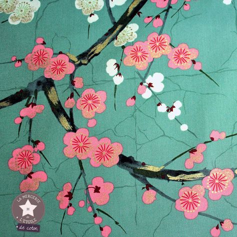 Tissus - Japonais - Fleurs - Vert & Rose Easy Dragon Drawings, Lantern Art, Japanese Blossom, Gold Wallpaper Background, Rock Flowers, Koi Art, Kimono Japan, Japan Kimono, Japanese Art Prints