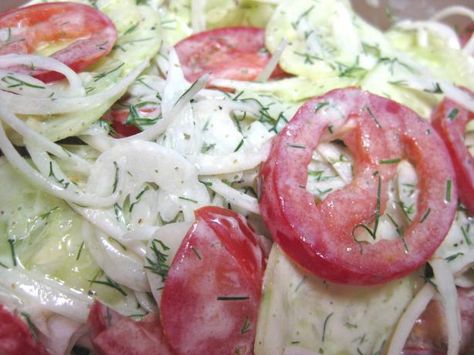 German Cucumber Salad:  creamy, cucumber-y, dill-y, good Cucumber And Tomato Salad, German Cucumber Salad, Tomato Cucumber Salad, Cucumber And Tomato, Tomato Cucumber, Cucumber Recipes Salad, Cucumber Recipes, Tomato Salad, Cucumber Salad