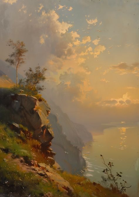 An oil painting, natural beauty, half sea, half cliffs, shocking clouds, the Tyndall effect, naturalism --v 6 Tyndall Effect, Natural Beauty, Oil Painting, Beauty, Art, Nature