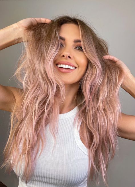 Blonde With Pastel Peekaboo, Rose Balayage Blonde, Blond With Pink Hair, Rose Pink Balayage, Cutie Bits Hair, Fall Pink Hair, Light Pink Underneath Hair, Fun Balayage Hair, Pink Tinted Hair