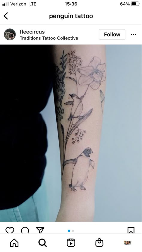 Penguin Flower Tattoo, Penguin And Flower Tattoo, Butterfly Dragonfly Tattoo, Penguin Tattoos, Natural Tattoos, Thing To Draw, Penguin Tattoo, Good Tattoo, Good Tattoo Quotes