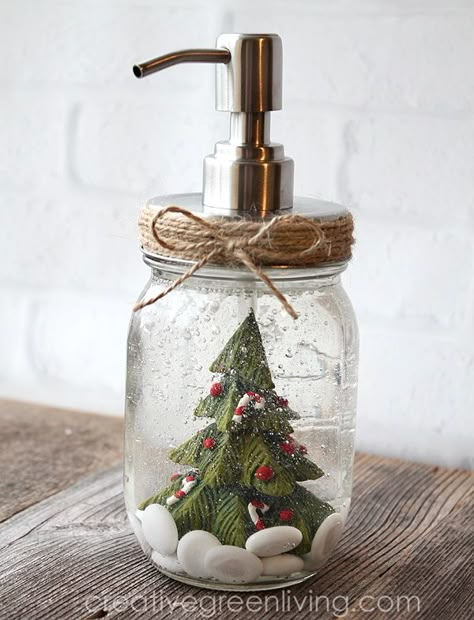 How to turn a mason jar into a snow globe soap pump dispenser - just in time for Christmas! #CreativeGreenLiving #masonjar #soappump #snowglobes #Christmas #Christmasdecor #christmascrafts #crafts #wintercrafts #winterdecor Soap Dispenser Diy, Mason Jar Christmas Crafts, Diy Snow Globe, Christmas Bathroom Decor, Christmas Bathroom, Dekor Diy, Christmas Mason Jars, Mason Jar Gifts, Christmas Jars