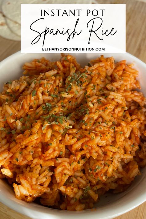 This restaurant-style Instant Pot Spanish Rice is affordable, easy to make and the perfect side dish for tacos, burritos and Sheet Pan Fajitas. Instapot Spanish Rice Recipe, Instant Pot Rio Recipes, Instant Pot Seasoned Rice, Spanish Rice Recipe Instant Pot, Instant Spanish Rice, Instapot Mexican Rice, Pork Chops And Spanish Rice Recipe, Spanish White Rice, Slow Cooker Spanish Rice