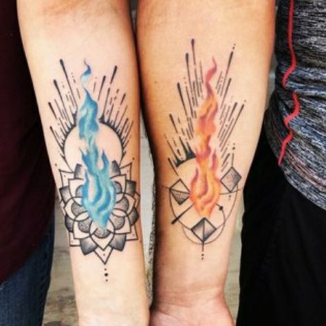 Twin flame couple tattoo Blue Flame Tattoo, Twin Flame Tattoo, Couple Tattoos Love, Flame Tattoo, Twin Tattoos, Tattoos Infinity, Flame Tattoos, Fire Tattoo, Infinity Tattoos