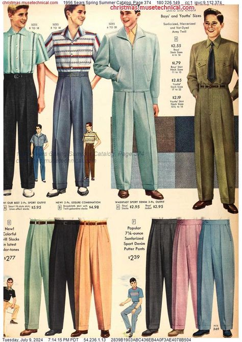 1956 Sears Spring Summer Catalog, Page 374 - Catalogs & Wishbooks 50s Fashion Men, 1950s Fashion Menswear, Outfit Ideas Men, 50s Outfits, Sears Catalog, 1950s Mens, 1950s Outfits, 70s Inspired Fashion, Fashion Menswear