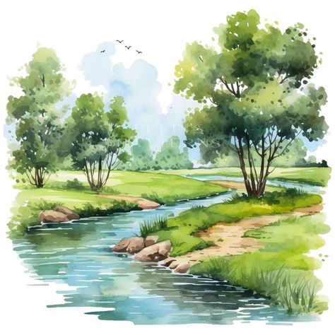 Nature Watercolour Painting, Easy Watercolour Landscapes, Water Colours Painting Landscape, Watercolor Scenery Landscape Paintings, Drawing Nature Watercolor, Nature Watercolor Paintings Easy, Scenery Watercolor Paintings, Tree Water Colour, Water Colour Painting Watercolour