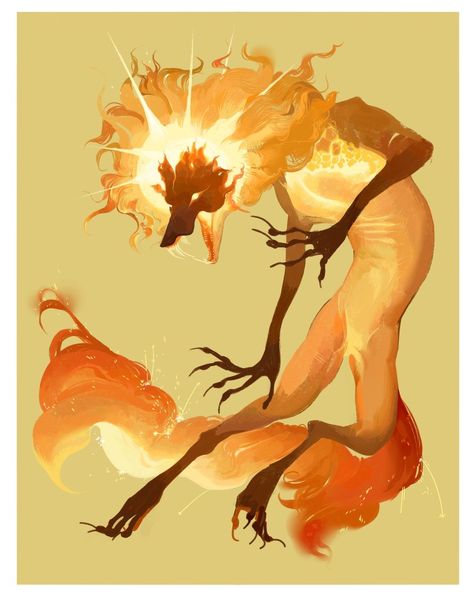 Sun Monster Art, Fire Creature Concept Art, Sun Monster, Fox Person, Fire Creature, Fox God, Fantasy Background, Cute Kawaii Animals, Fantasy Creatures Art