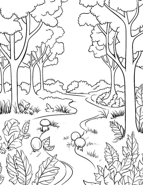 Nature Coloring Sheets Free Printable, Forest Colouring Page, Nature Coloring Pages Free Printable, Nature Colouring Pages, Drawing Ideas Forest, Nature Pictures Drawing, Woodland Coloring Pages, Nature Coloring Pages For Kids, Woods Coloring Pages