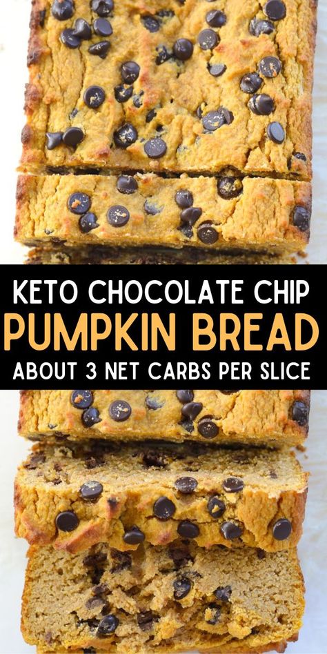 2 reviews · 55 minutes · Vegetarian Gluten free · Serves 1 · This moist, flavorful Low Carb Chocolate Chip Pumpkin Bread has about 3 net carbs per slice! This is the perfect sweet snack or breakfast with a warm cup of coffee! #keto #pumpkin #lowcarb Keto Pumpkin Bread, Low Carb Pumpkin Recipes, Coffee Keto, Chocolate Chip Bread, Low Carb Low Fat Recipes, Pumpkin Chocolate Chip Bread, Keto Pumpkin, Keto Chocolate Chips, Pumpkin Chocolate Chip