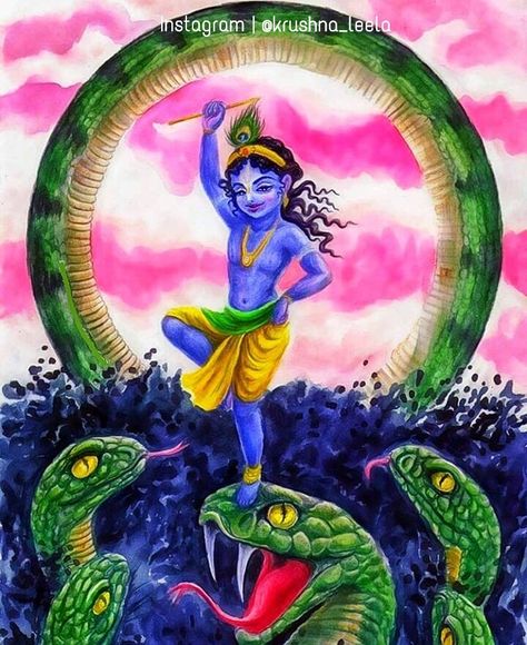 Krsna Art, Bhagavata Purana, God Krishna, Ganesha Drawing, Temple India, Snake Drawing, Krishna Drawing, Kerala Mural Painting, Cobra Snake