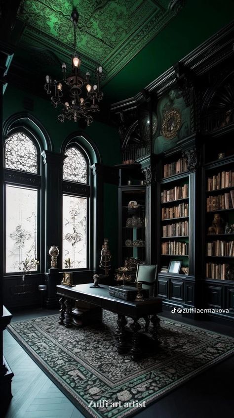 Goth House Exterior, Dark Forest Room, Slytherin Office, Malfoy Manor Aesthetic, Goth Library, Forest Room Aesthetic, Hogwarts Bedroom, Hp Golden Trio, Black House Interior