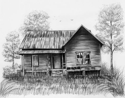 Barn Drawing, Mountains Drawing, Landscape Pencil Drawings, Pencil Drawing Tutorials, Best Pencil, Cabin Art, Abandoned House, Old Farm Houses, House Drawing