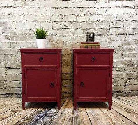 Bold red side tables in Spiced Wine. Burgundy Side Table, Red Bedside Table, Upcycle Bedside Table, Ravenclaw Bedroom, Red Nightstand, Spiced Wine, Red Furniture, Red Table, Future Apartment