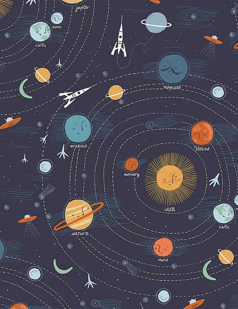 WSTELLA-KRR798 / NAVY / SUPERNOVA Dear Stella Fabric, Traditional Prints, Board Game Design, Space Illustration, Phone Design, Kids Prints, Kid Spaces, Fabric Collection, Game Design