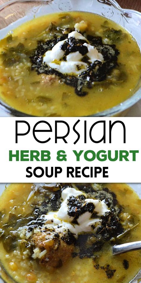 A yogurt soup with herbs and topped with seasonings and rice with Pinterest overlay. Persian Soup, Yogurt Soup, Slow Roast Lamb, Iranian Cuisine, Snow Showers, Persian Cuisine, Iranian Food, Meatball Soup, Veggie Soup