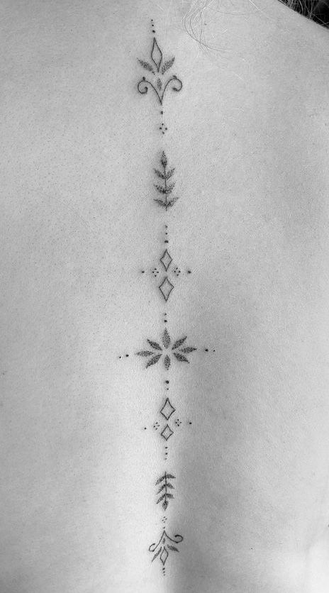 Spine Tattoos For Women Geometric, Delicate Spinal Tattoos For Women, Spine Tattoo Mandala, Sparkle Spine Tattoo, Fine Spine Tattoo, Sun Tattoo Spine, Long Back Tattoo, Book Spine Tattoo, Ornamental Spine Tattoos