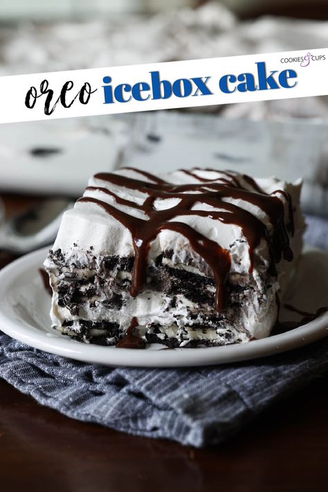 This Oreo Icebox Cake is an easy 3 ingredient no-bake dessert idea. Just assemble and let chill in the fridge overnight. Creamy, cookies and cream perfection that is so easy to make! No Bake Oreo Cake 3 Ingredients, Oreo Icebox Cake Recipes, Easy Ice Box Cake 3 Ingredients, Creamy Cookies, Oreo Thins Icebox Cake, Refrigerator Desserts, S’mores Icebox Cake, Oreo Icebox Cake, Apple Fritter Cake